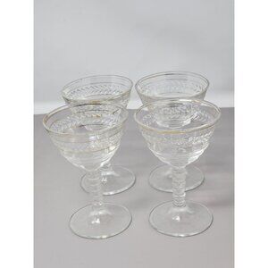 Set Of 4 Vintage Clear Glass Goblets‎ With Gold Trim & Textured Leaf Design